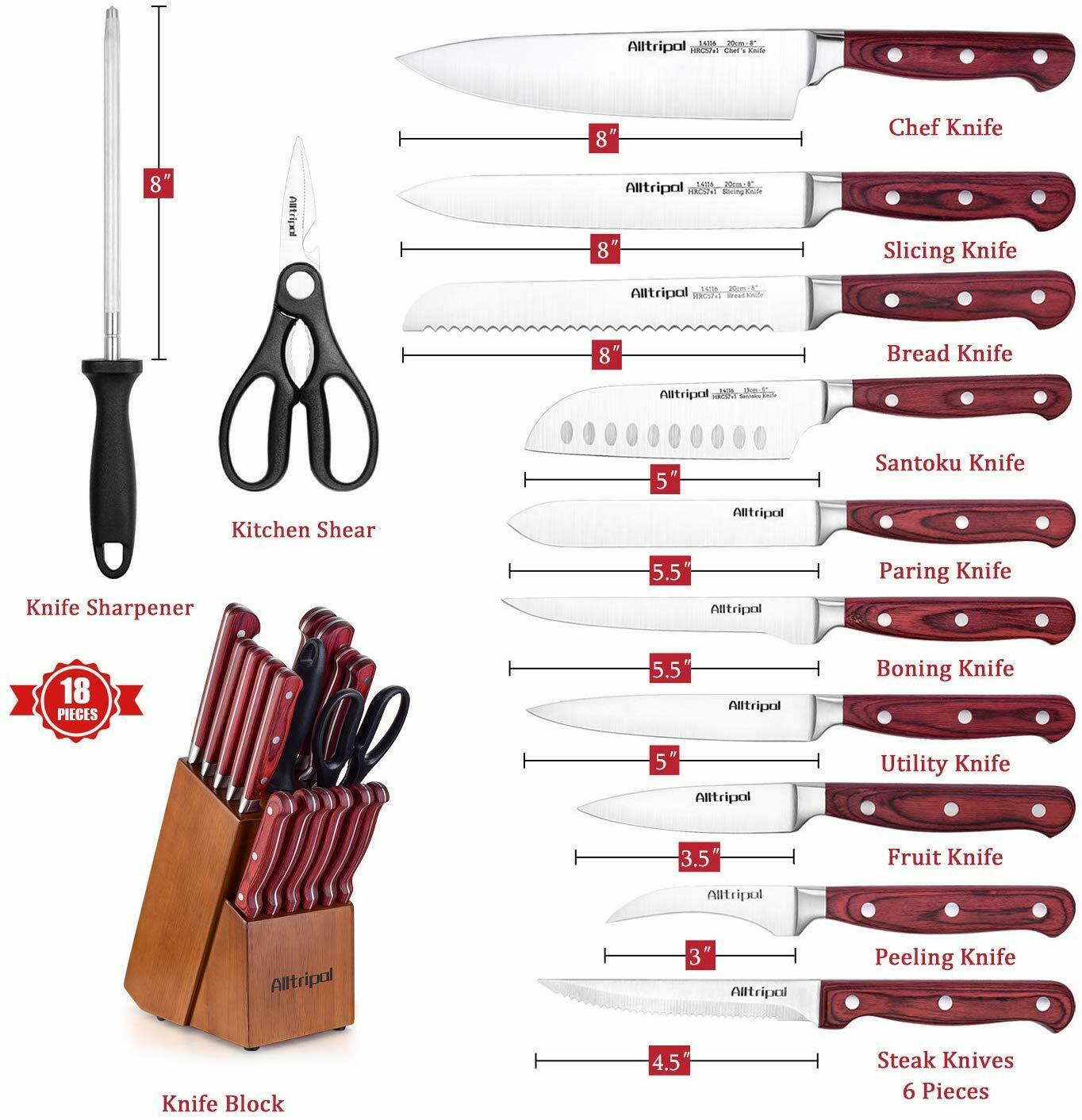 Knife Set, 18-Piece Kitchen Knife Set with Block Wooden German Stainless Steel - Fresh Stock Dated December 2025