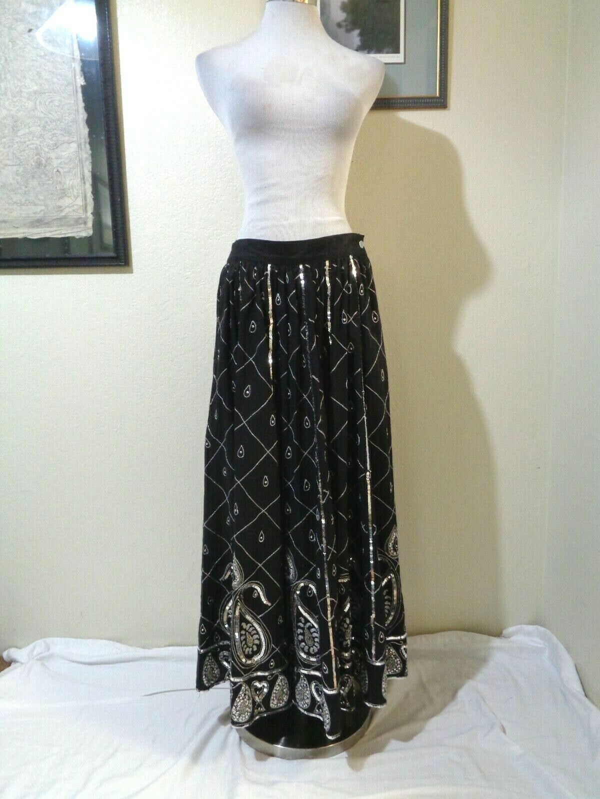 90s LEW MAGRAM BLACK COTTON SILVER METALLIC & SEQUIN/BEAD PAISLEY FULL SKIRT - Fresh Stock Dated February 2026