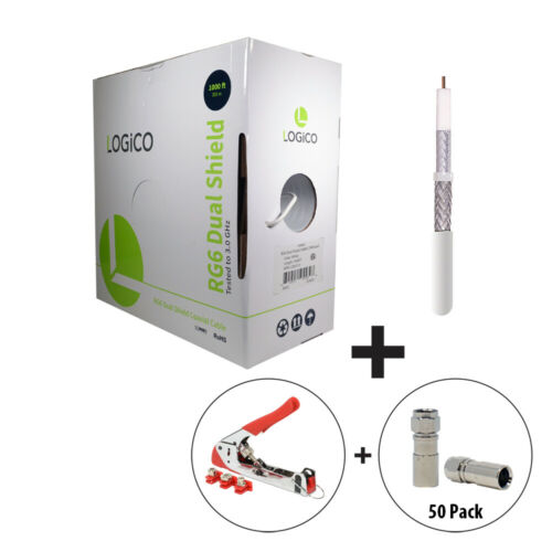 RG6 Coax Cable DualShield 1000FT White+Crimp Tool+50F-Type Compress ConnectorKit - Fresh Stock Dated December 2025
