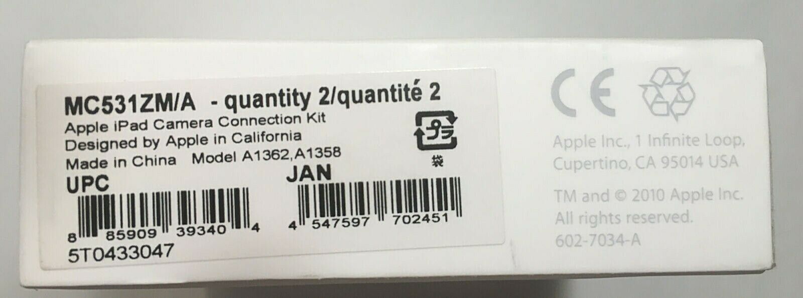 Apple iPad Camera Connection Kit MC531ZM/A Unopened Never Used New - Fresh Stock Dated February 2026