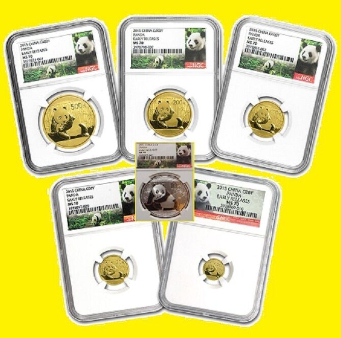 2015 CHINA  5 GOLD PANDA 1 SILVER, 6 COINS SET NGC MS 70 EARLY RELEASE - Fresh Stock Dated February 2026