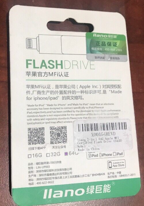 llano 2-in-1 64G Apple MFI Certified Flash Drive, iOS U Disk, Lightning USB 3.0 - Fresh Stock Dated February 2026