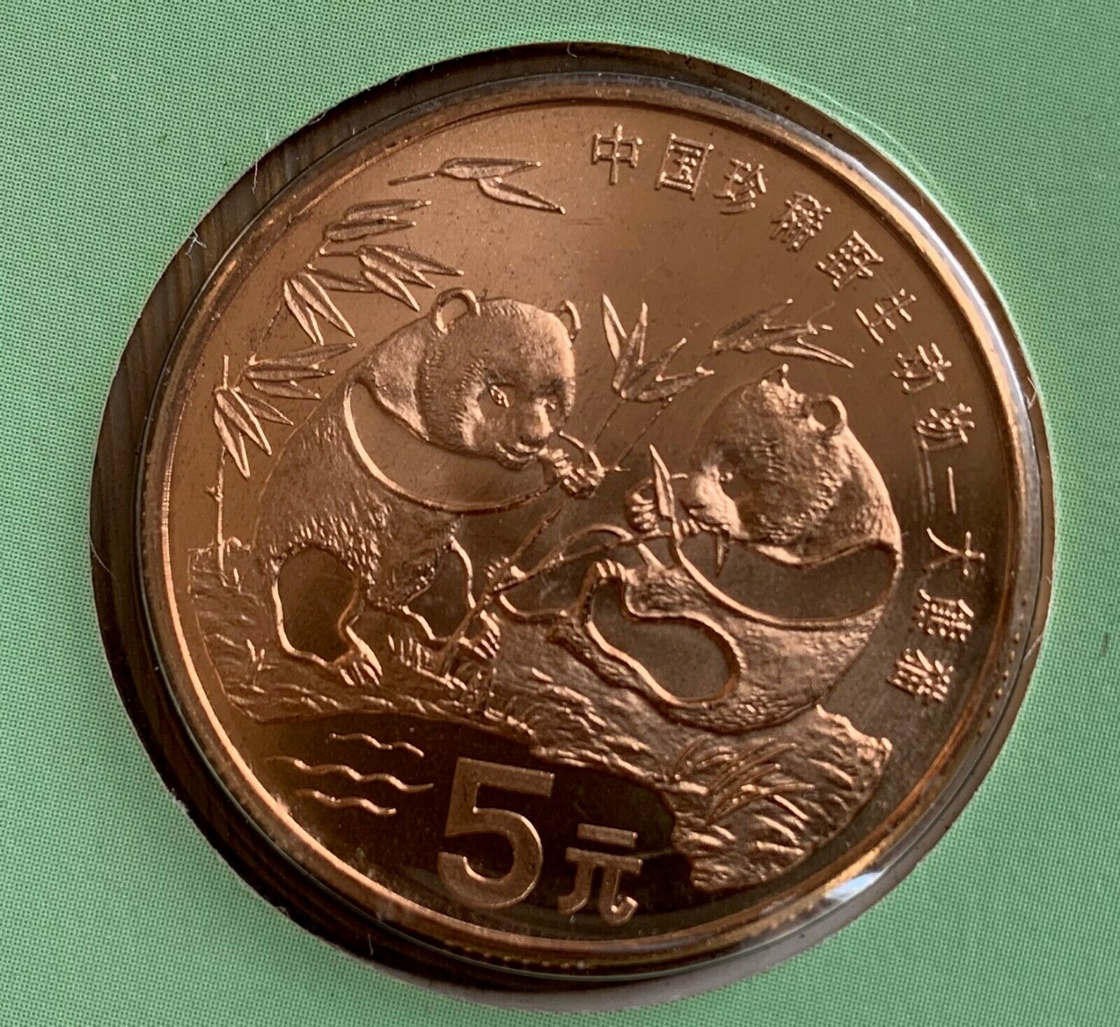 CHINA GIANT PANDA  - NATIONAL TREASURE COPPER 5 YAUN 1993 WITH CARD - Fresh Stock Dated February 2026