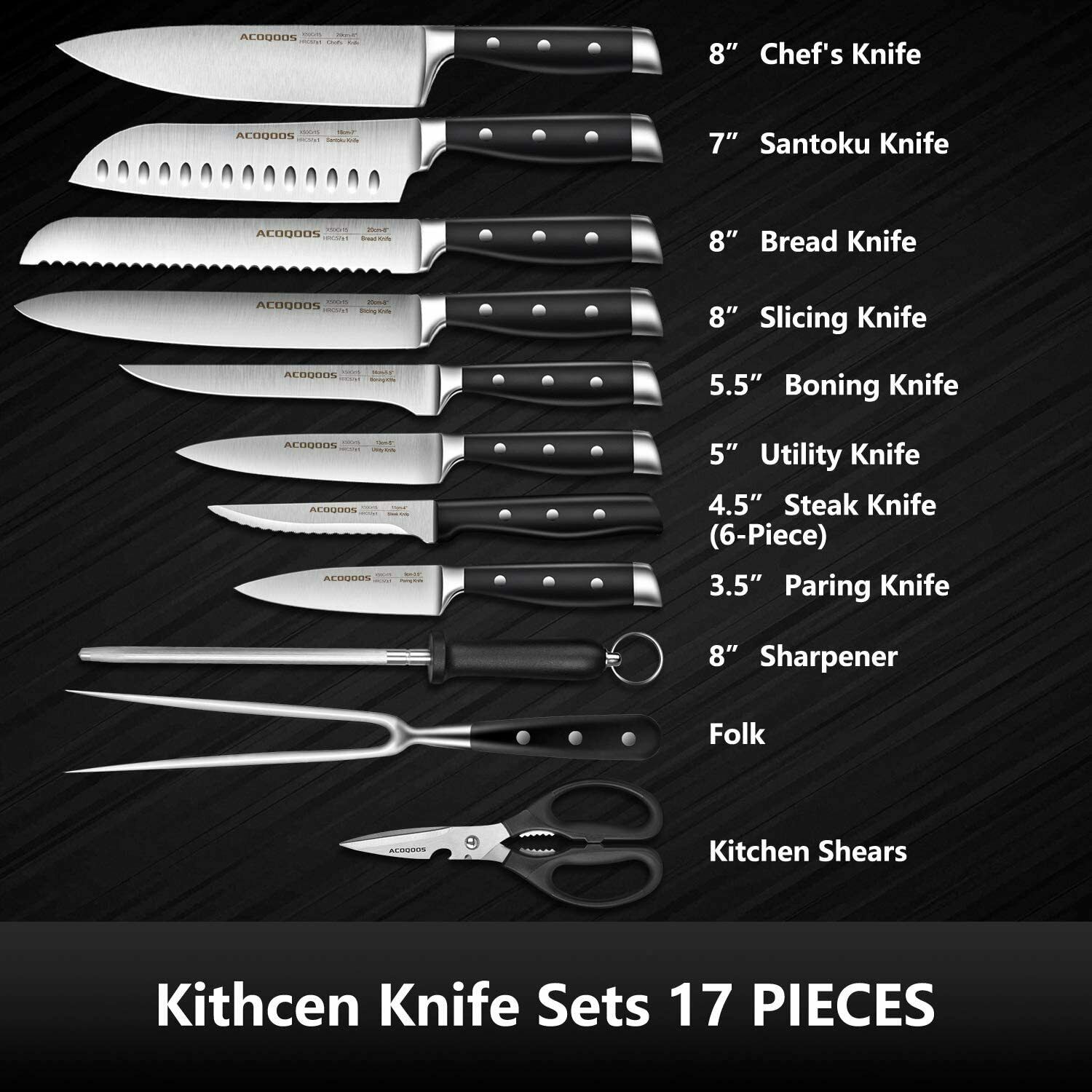 Knife Set, 17-Piece Kitchen Knife Set with Block Wooden German Stainless Steel - Fresh Stock Dated December 2025