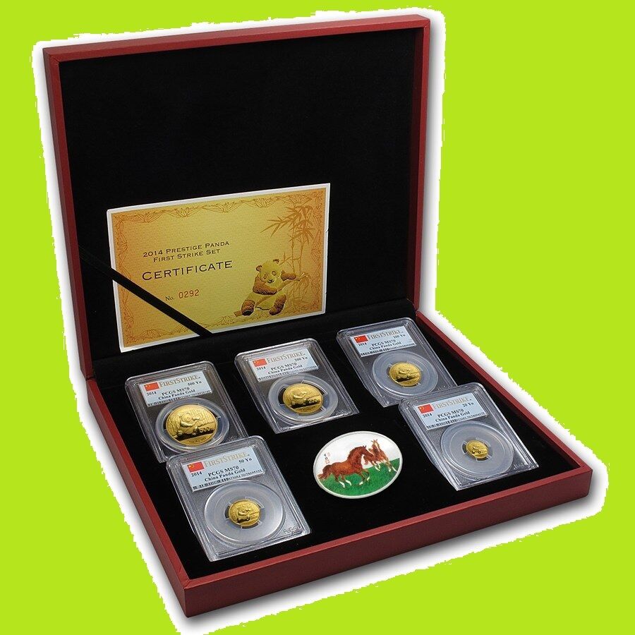 2014 CHINA 1.9 OZ PURE GOLD PANDA PRESTIGE 6 COINS SET PCGS MS 70 FIRST STRIKE - Fresh Stock Dated February 2026