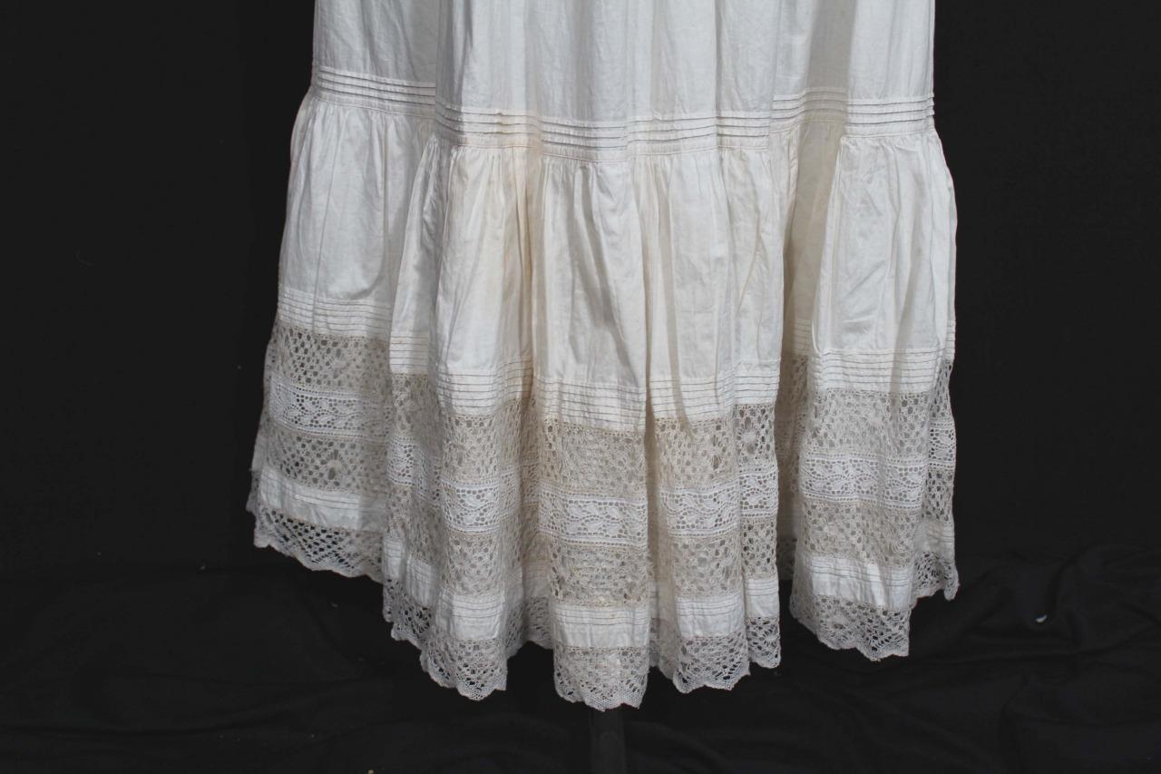 ANTIQUE FRENCH LONG EDWARDIAN WHITE COTTON PETTICOAT WITH  LACE TRIM 26