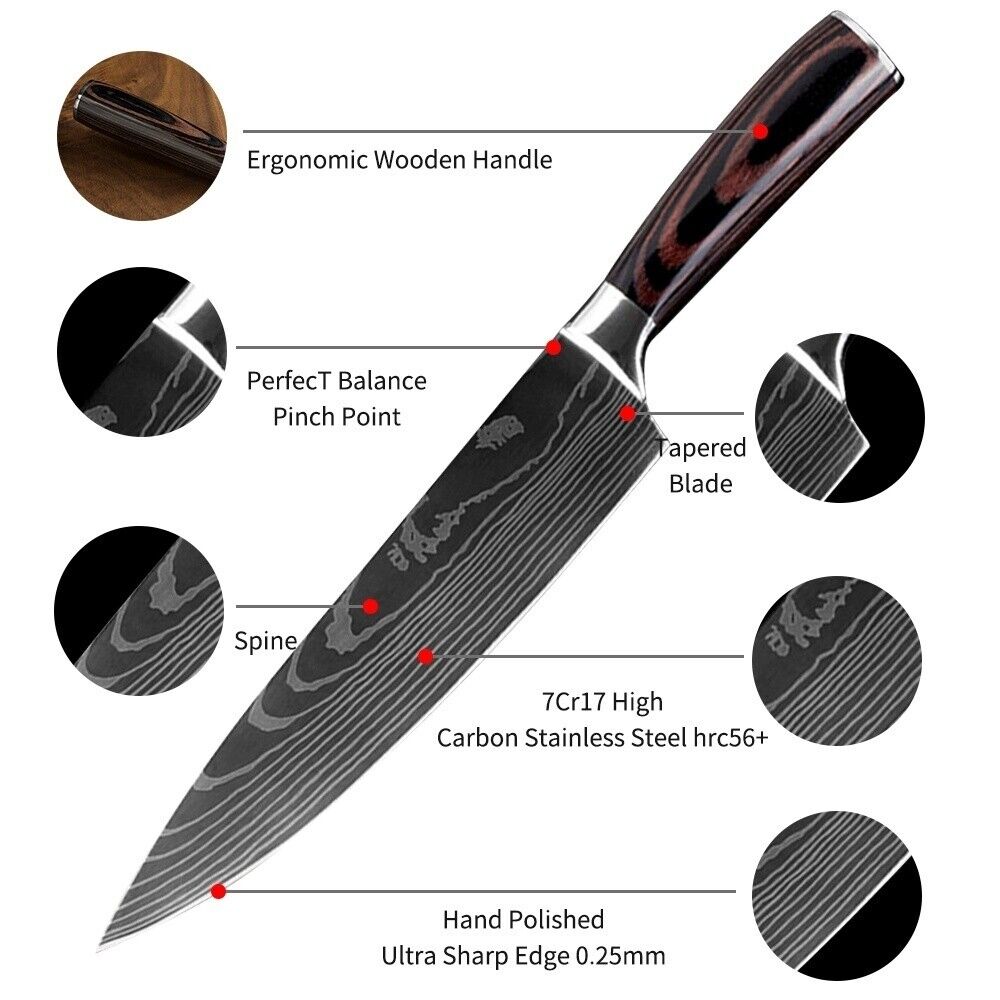 Kitchen Knives Set Damascus Pattern Stainless Chef Knife Cleaver Chopping Meat - Fresh Stock Dated February 2026