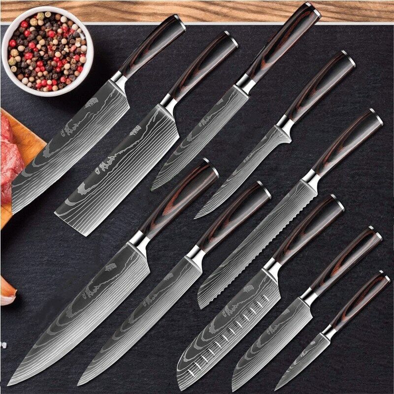 Kitchen Knife Set Japanese Damascus Pattern Stainless Steel Chef Knife Sharpener - Fresh Stock Dated February 2026