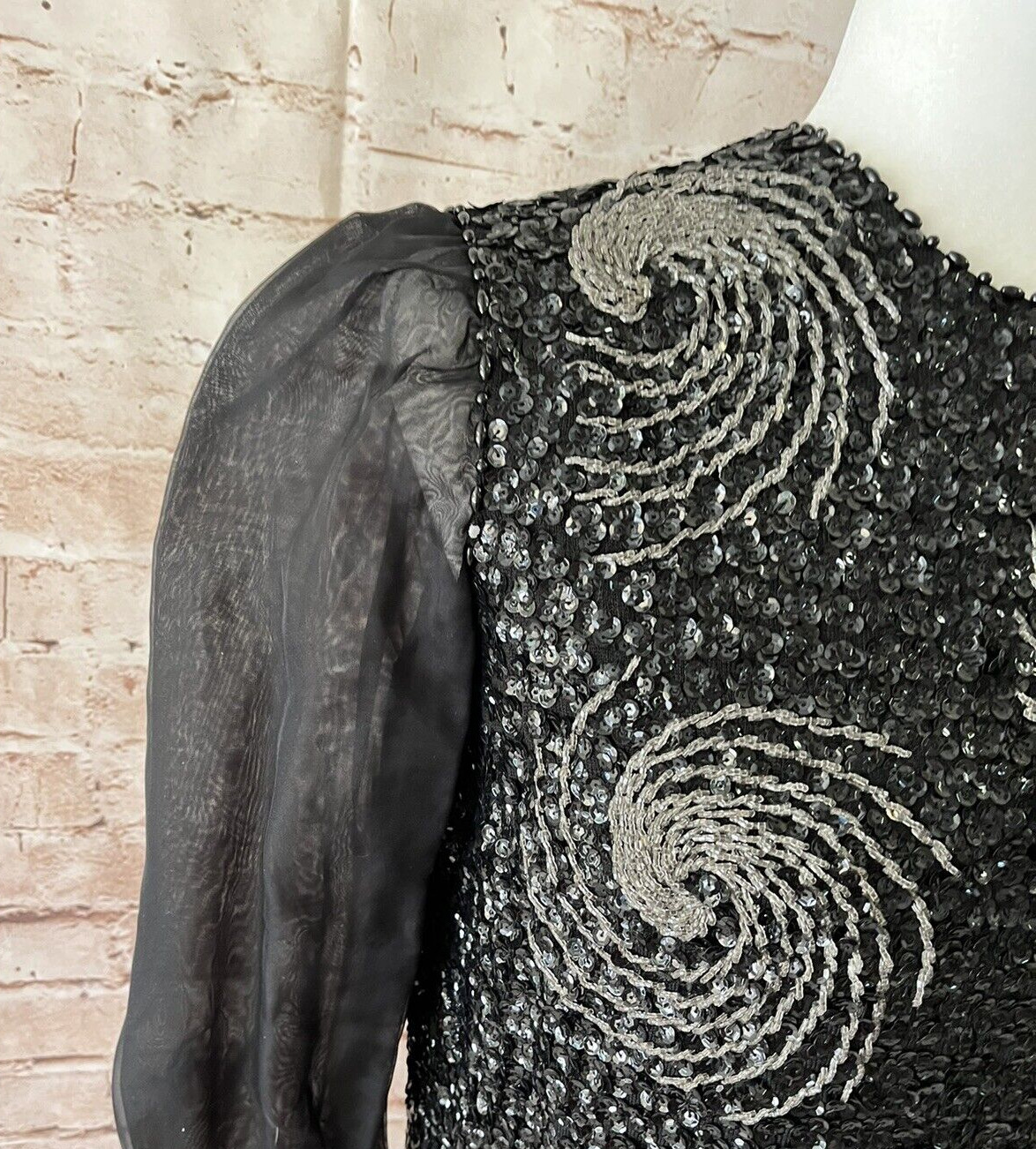 Vintage Sequin Knit Wool Black Sweater Jacket Top Chiffon Sleeves Hand Decorated - Fresh Stock Dated March 2026