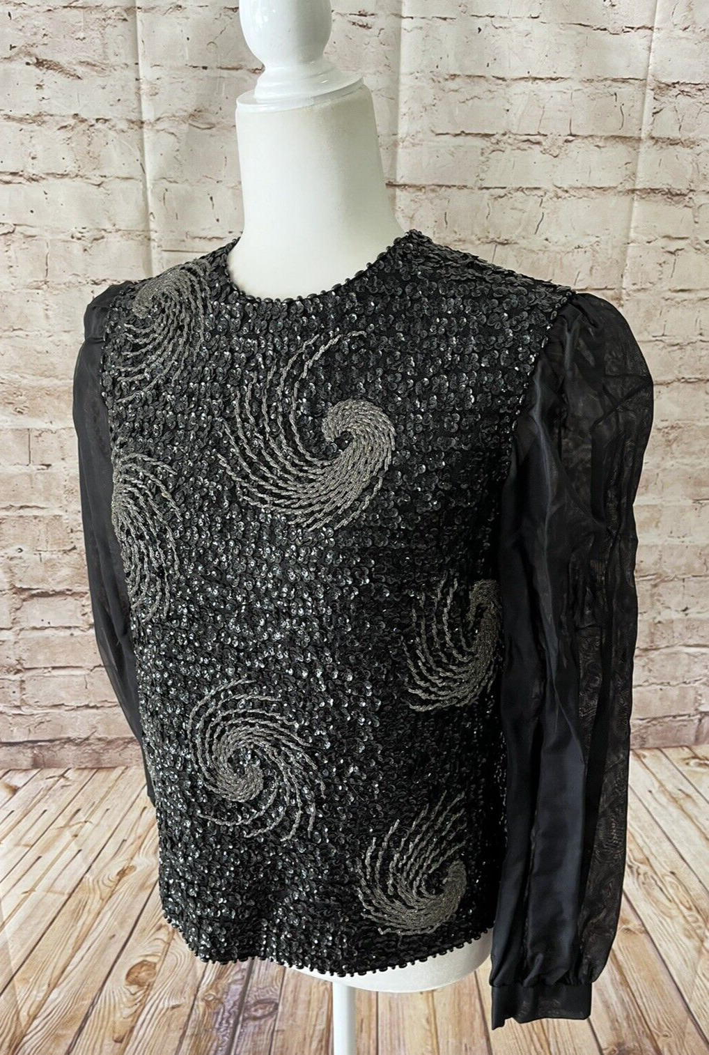 Vintage Sequin Knit Wool Black Sweater Jacket Top Chiffon Sleeves Hand Decorated - Fresh Stock Dated March 2026