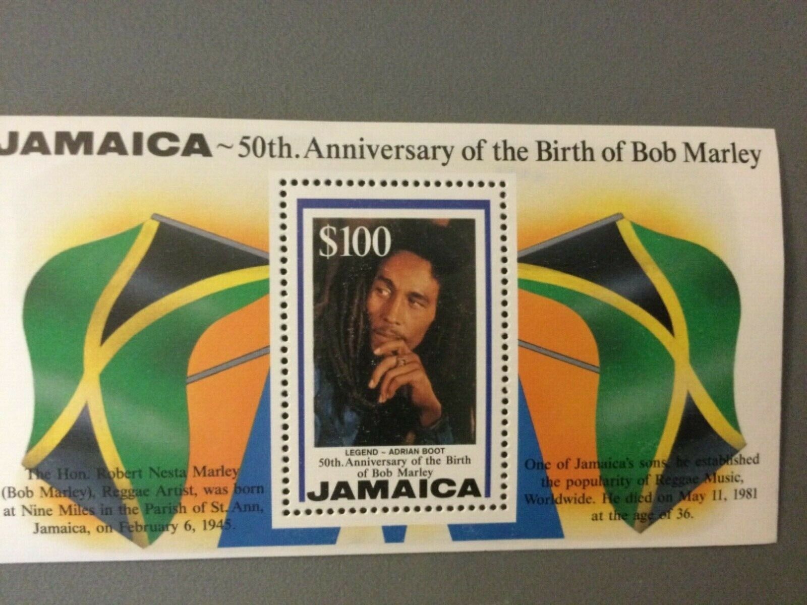 Jamaica Stamp celebration of Bob Marley 50th Anniversary of Birth 1995 SC#841 - Fresh Stock Dated February 2026