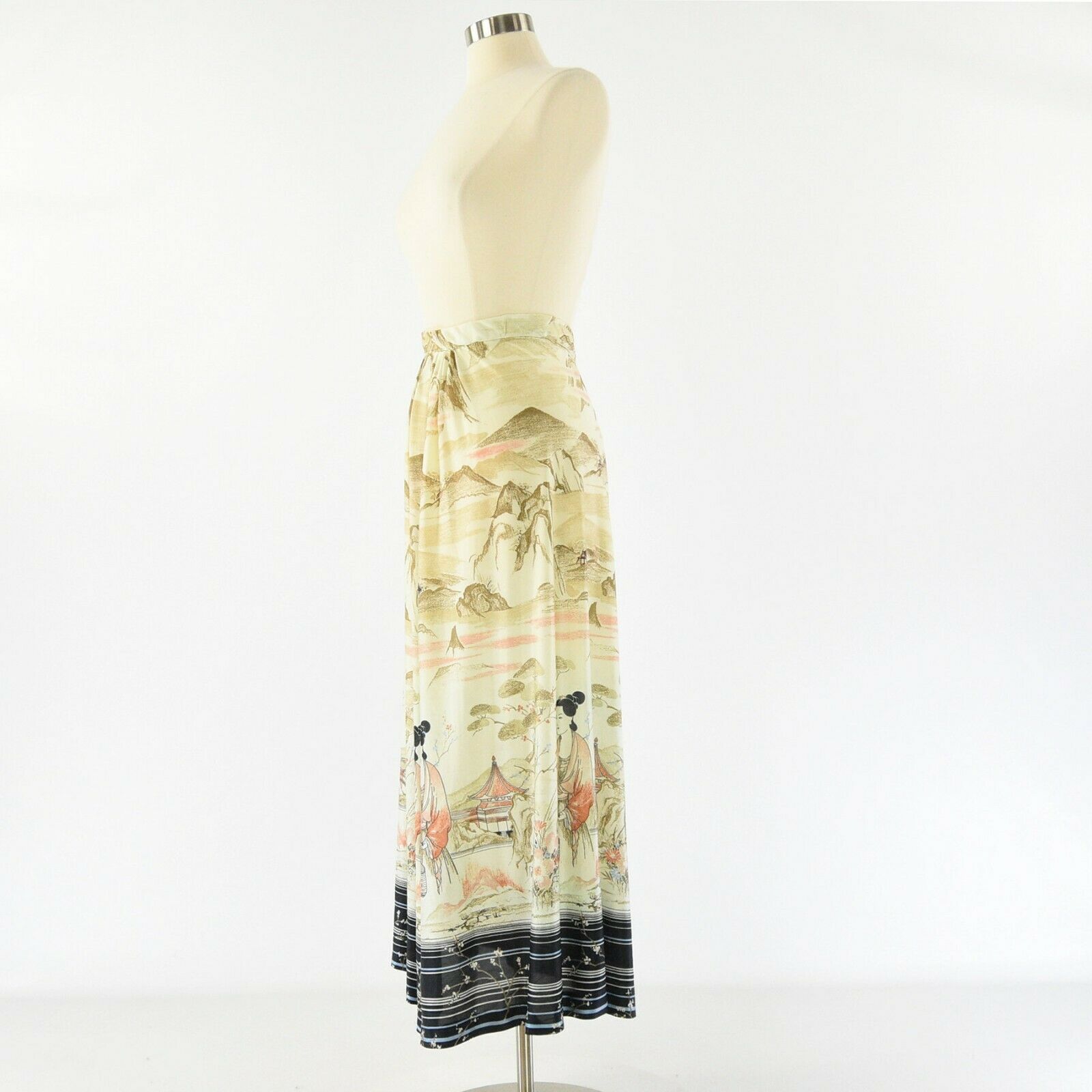 70s Vintage Scenic Asian Print Maxi Skirt Novelty Print Skirt Slinky Womens M - Fresh Stock Dated December 2025