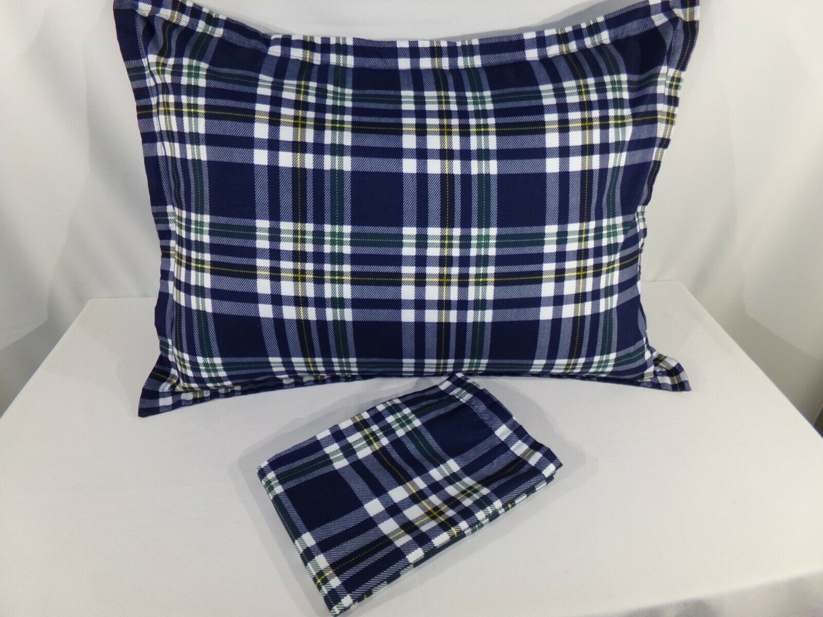 2 Navy White Green Yellow Madras Plaid STANDARD PILLOW SHAMS Twin Queen Covers - Fresh Stock Dated December 2025