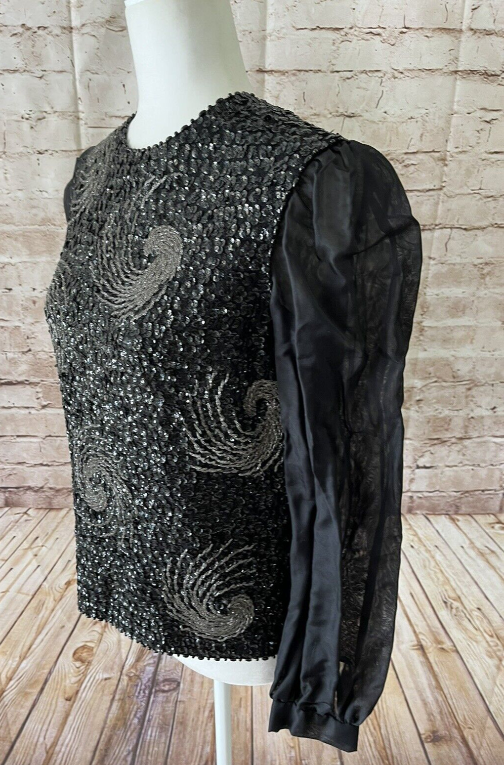 Vintage Sequin Knit Wool Black Sweater Jacket Top Chiffon Sleeves Hand Decorated - Fresh Stock Dated March 2026