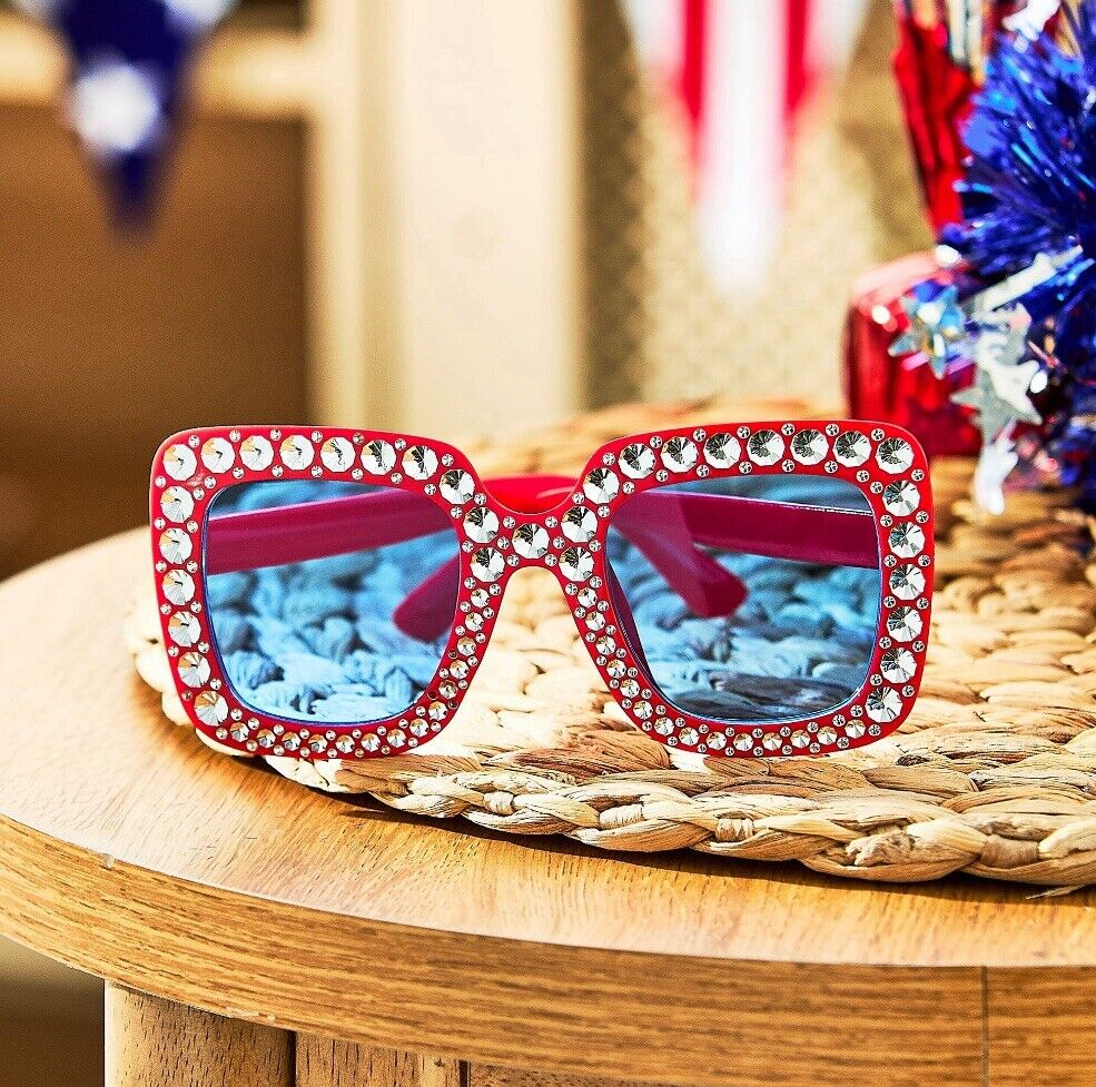 WAY TO CELEBRATE Patriotic Red Bling Costume Sunglasses Rhinestones Age 14+ - Fresh Stock Dated February 2026
