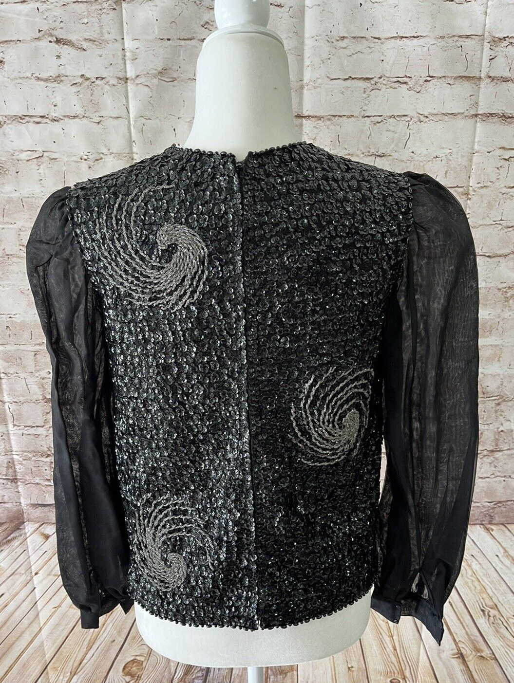 Vintage Sequin Knit Wool Black Sweater Jacket Top Chiffon Sleeves Hand Decorated - Fresh Stock Dated March 2026