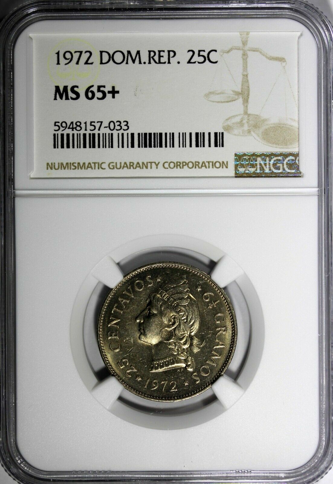 DOMINICAN REPUBLIC 1972 25 Centavos NGC MS65+ PLUS Mintage-800,000 KM# 20a.1 (3) - Fresh Stock Dated February 2026