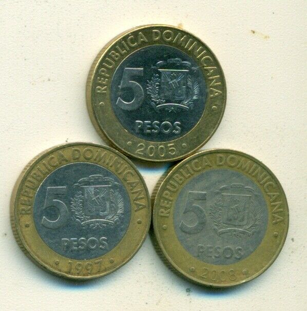 3 BI-METAL 5 PESO COINS,,the DOMINICAN REPUBLIC..1997, 2005 & 2008..3 TYPES - Fresh Stock Dated December 2025