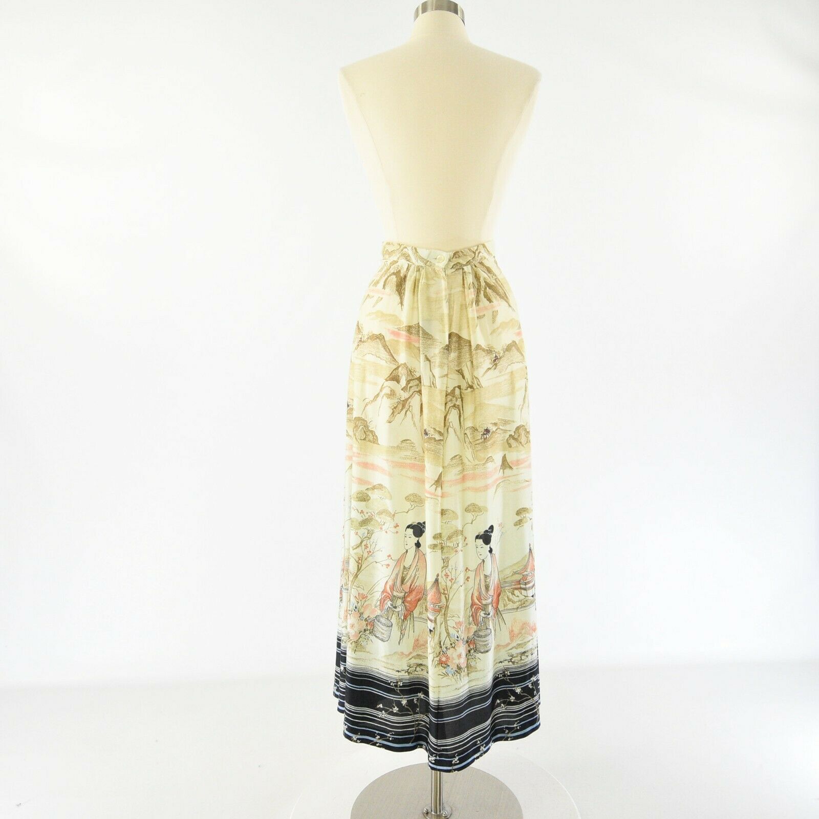 70s Vintage Scenic Asian Print Maxi Skirt Novelty Print Skirt Slinky Womens M - Fresh Stock Dated December 2025