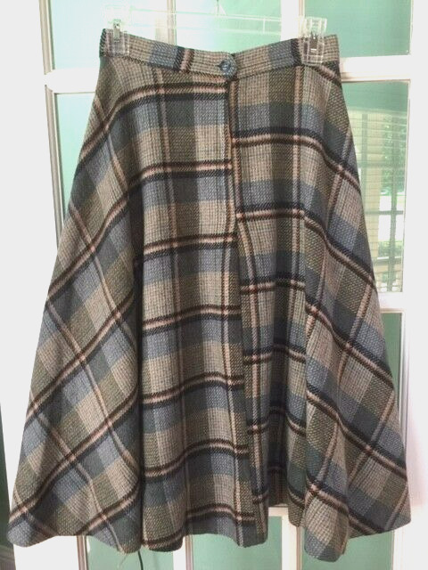 70s BLUE PLAID WOOL A LINE CIRCLE SKIRT VINTAGE SIZE 11 BLUE, OLIVE, GREY - Fresh Stock Dated March 2026