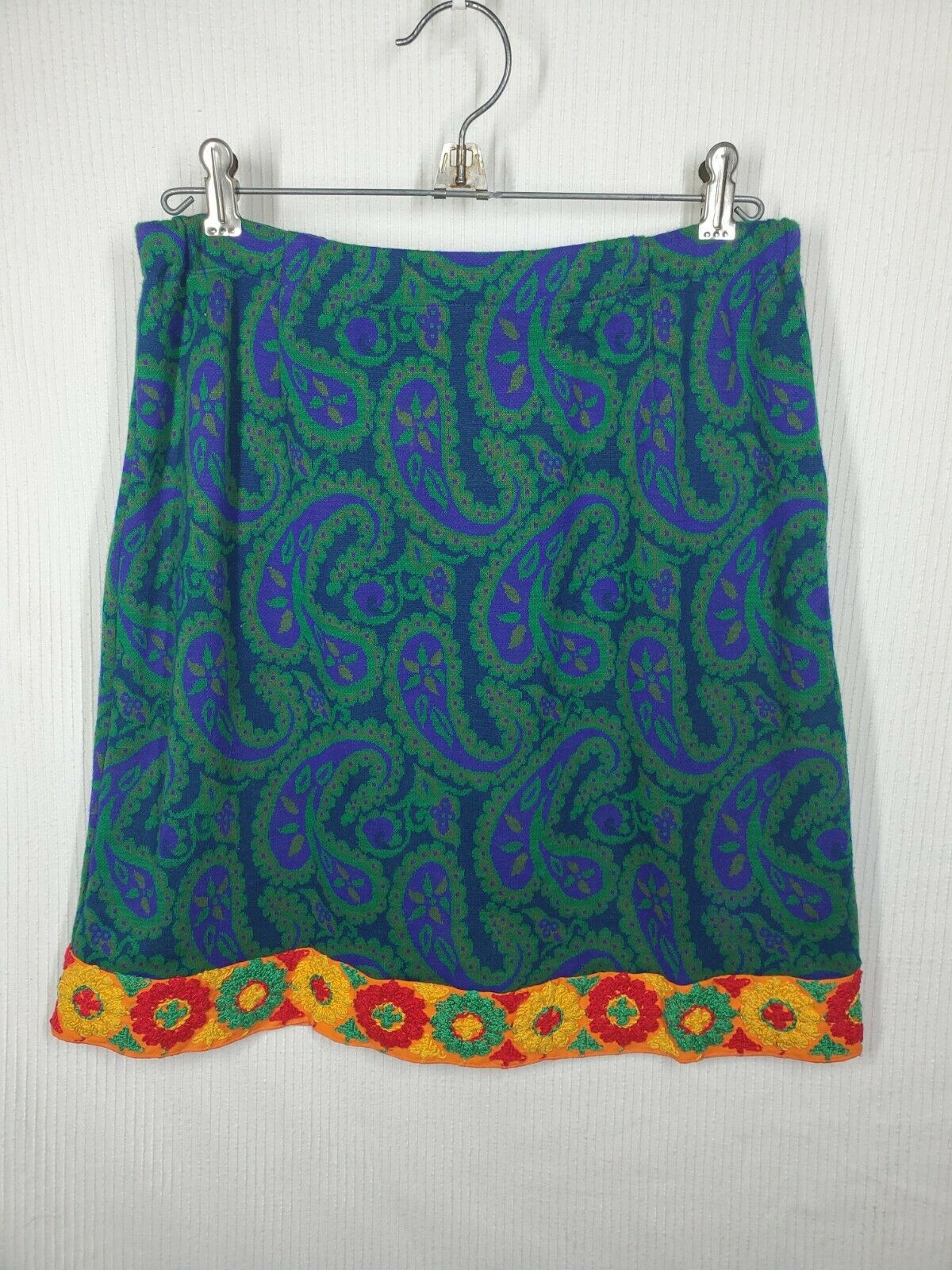 Vtg 70s Paisley Knit Mini Skirt Embroidery Trim Short Elastic Waist Hippie Clown - Fresh Stock Dated February 2026