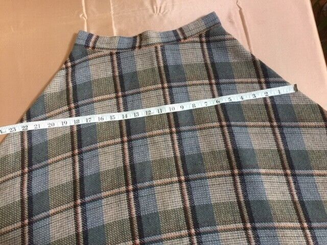 70s BLUE PLAID WOOL A LINE CIRCLE SKIRT VINTAGE SIZE 11 BLUE, OLIVE, GREY - Fresh Stock Dated March 2026