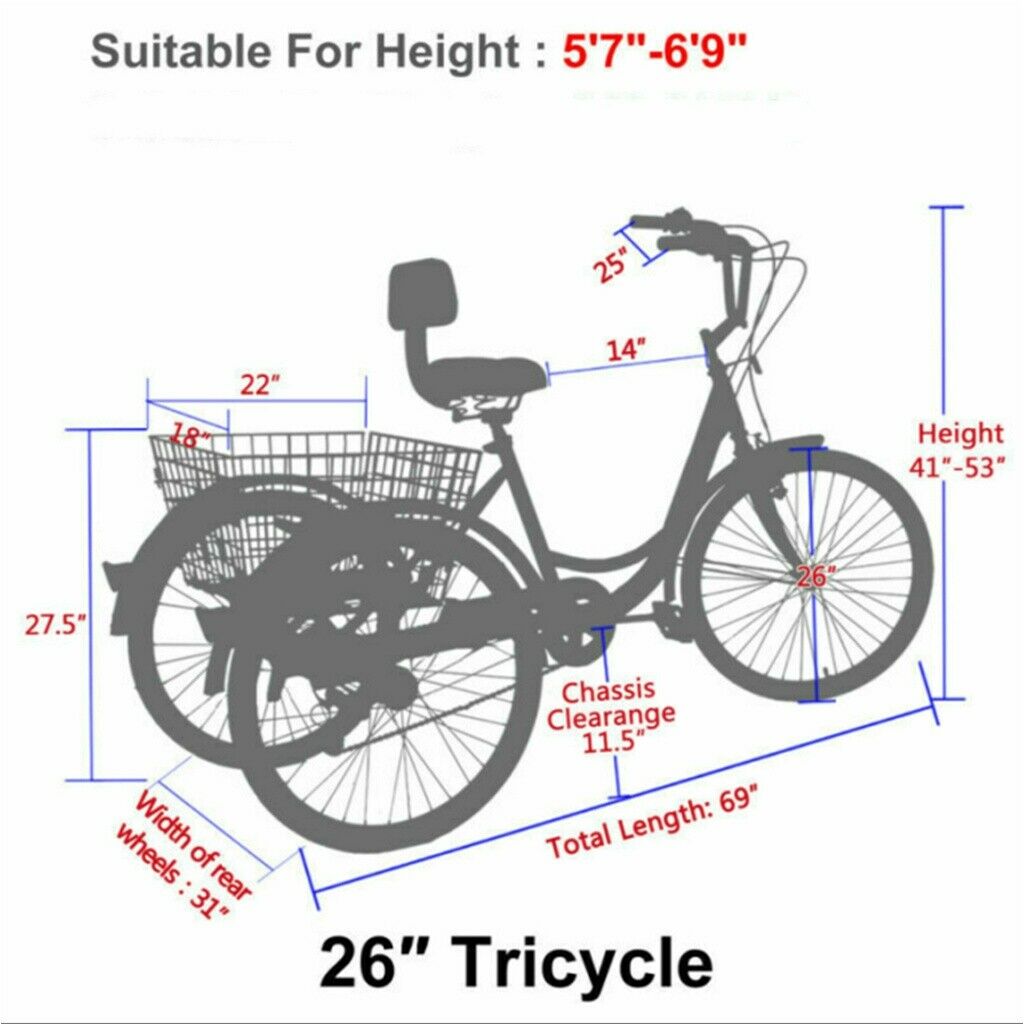 Adult Trike Bike 7 Speed 3 Wheel Tricycle 26 inch Cruiser Bicycle w/Cargo Basket - Fresh Stock Dated February 2026