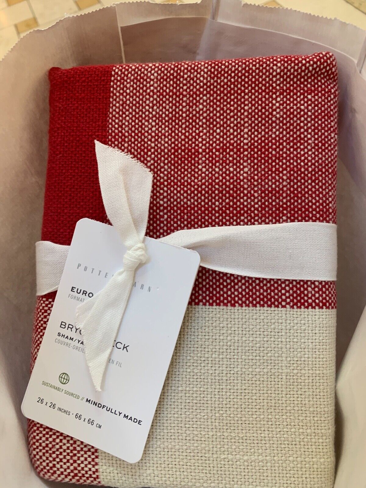 NWT Pottery Barn Red & Ivory Bryce Check Euro Sham- 26 x 26 - Fresh Stock Dated February 2026