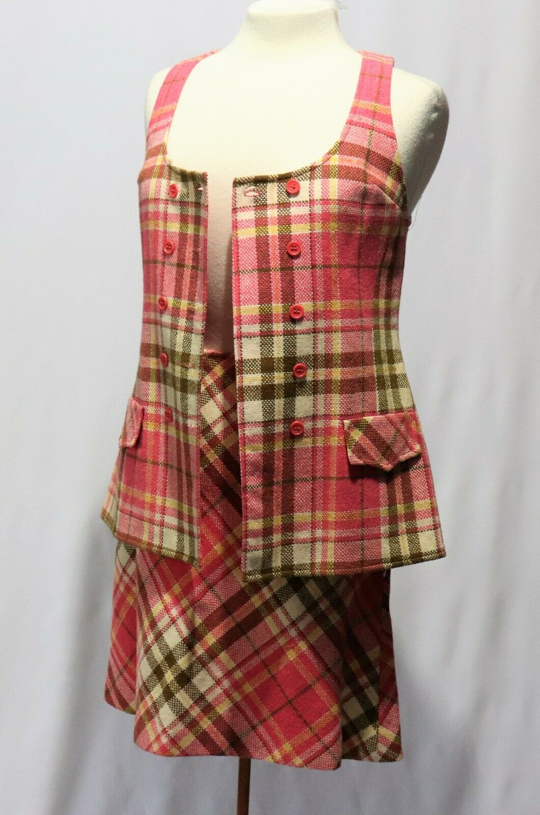 Vintage Bobbie Brooks Pink Wool Plaid Vest Shirt Top Mini Skirt - Fresh Stock Dated December 2025