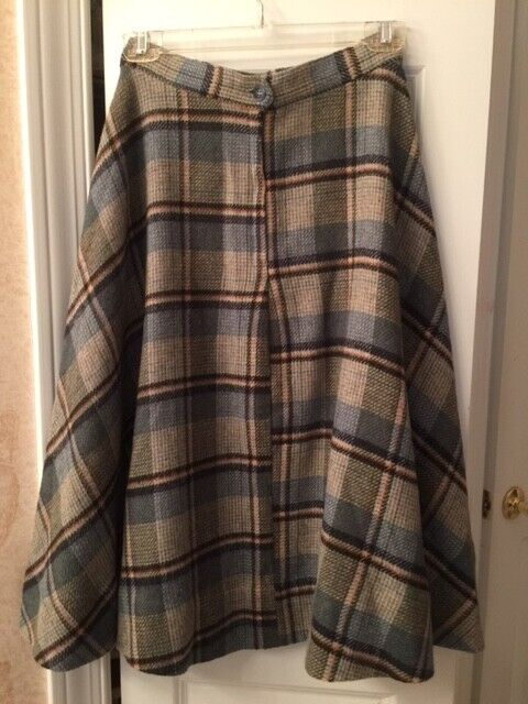 70s BLUE PLAID WOOL A LINE CIRCLE SKIRT VINTAGE SIZE 11 BLUE, OLIVE, GREY - Fresh Stock Dated March 2026