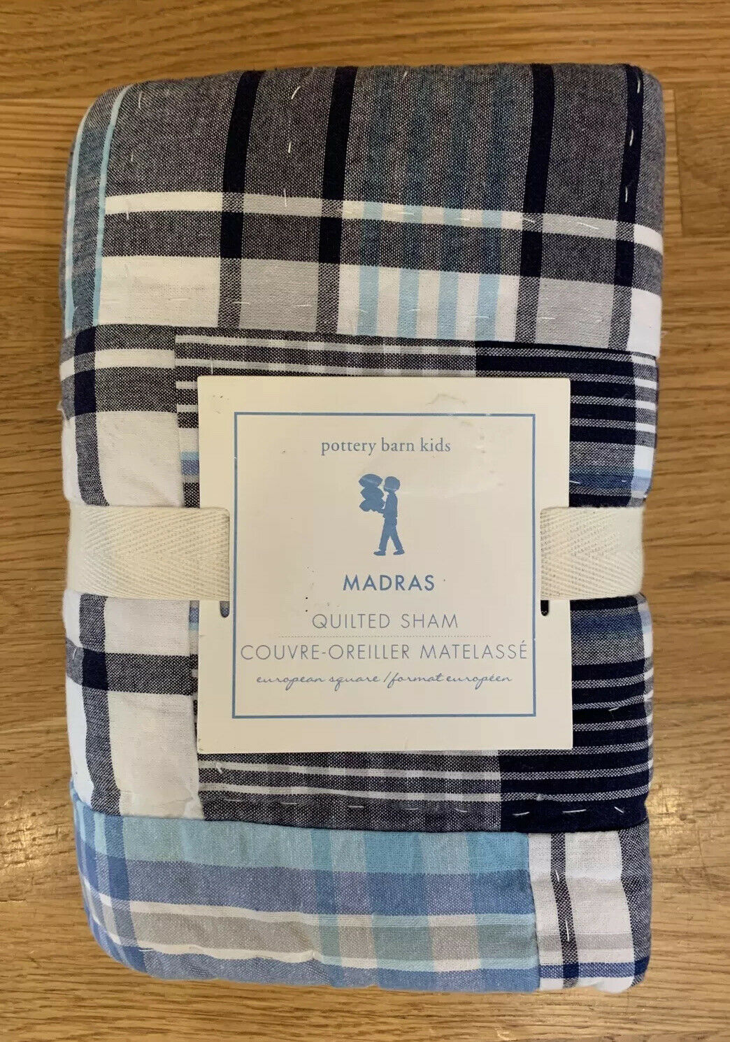 Pottery Barn Kids Madras Quilted Sham European Square Blue Navy Light White-FAST - Fresh Stock Dated December 2025