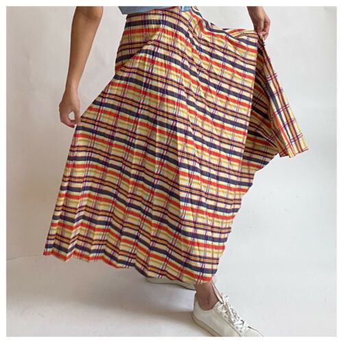 Vintage Knife Pleated Seersucker Plaid Cotton Maxi Skirt - Fresh Stock Dated February 2026