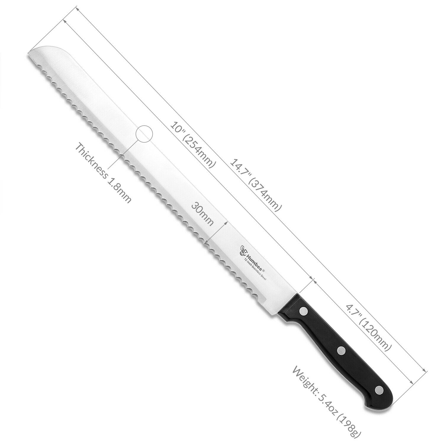 Humbee Chef, Stainless Steel Serrated Bread Knives 8/10/12 inch - Fresh Stock Dated December 2025