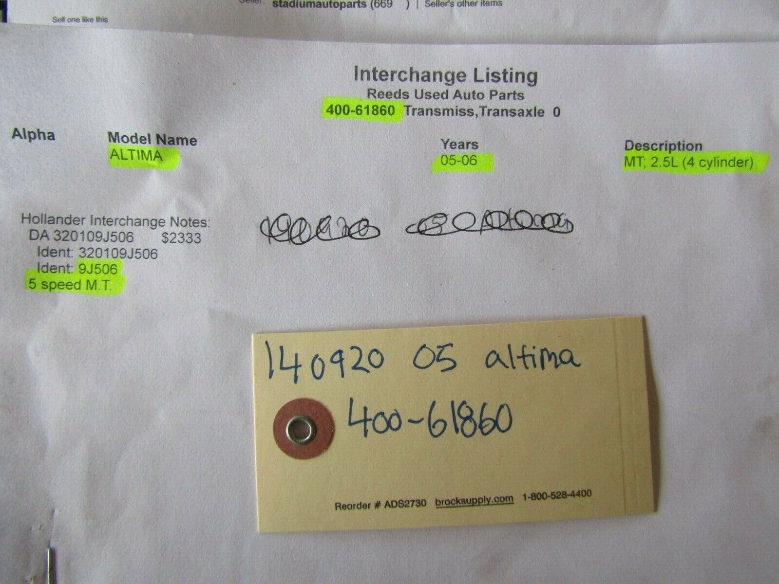 Manual Transmission 5 SPEED : FITS 2005 Nissan ALTIMA, 140920, 400-61860 - Fresh Stock Dated December 2025