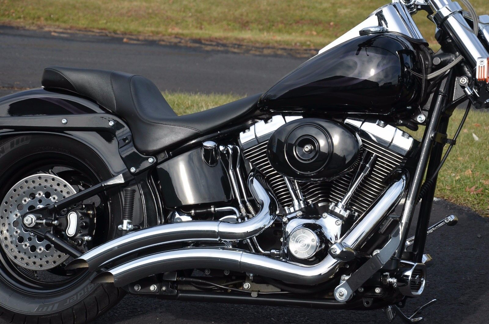 CHROME BIG RADIUS EXHAUST 1986-2017 HARLEY SOFTAIL W/ HEAT SHIELD - Fresh Stock Dated February 2026