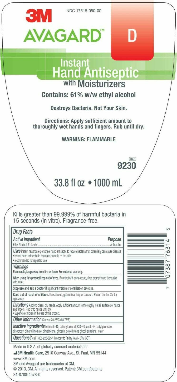 Hand Sanitizer 1000mL 3M™ Avagard™ D Wall Mount Bottle 33.8 oz.#9230 Exp 5/7/23 - Fresh Stock Dated February 2026
