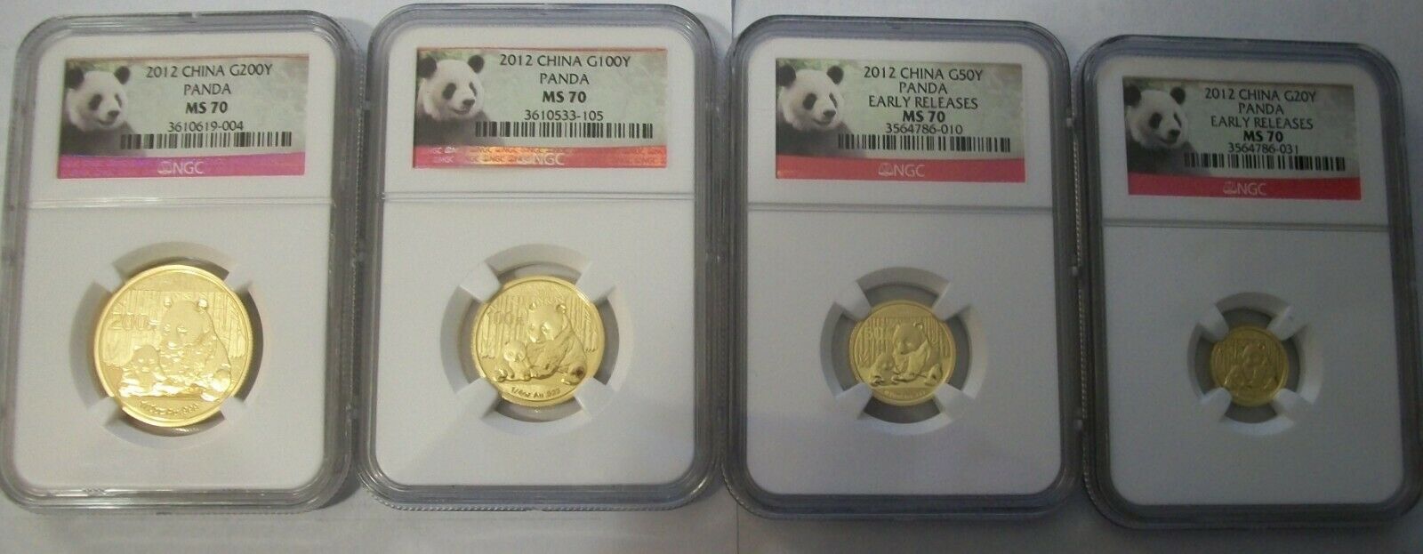 2012 CHINA PURE GOLD PANDA 4 COINS SET NGC MS 70 EARLY RELEASE PANDA Label - Fresh Stock Dated February 2026