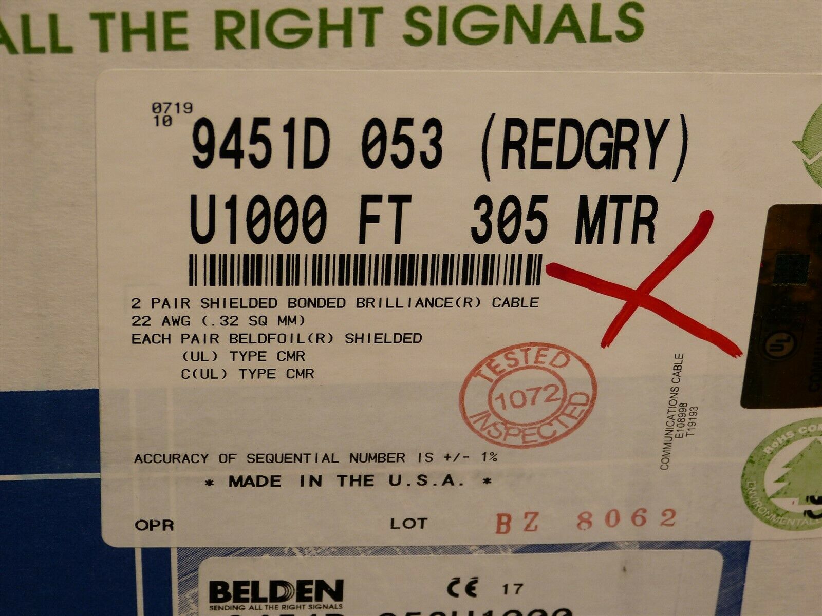 Belden 9451D 053 Multi-Conductor Cables 22AWG 2PR SHIELD RED/GRY 800' - Fresh Stock Dated December 2025