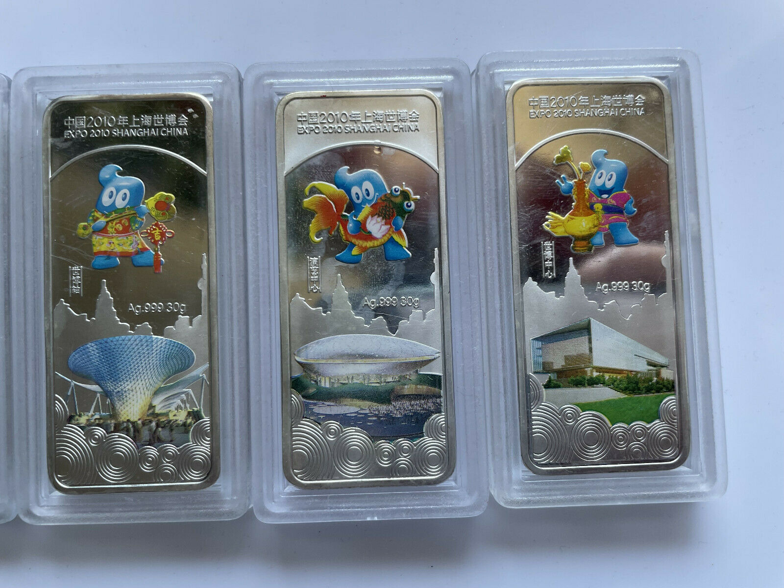 4pcs 2010 WORLD EXPO SHANGHAI MASCOT EXHIBITION HALL SILVER BAR COINS - Fresh Stock Dated February 2026