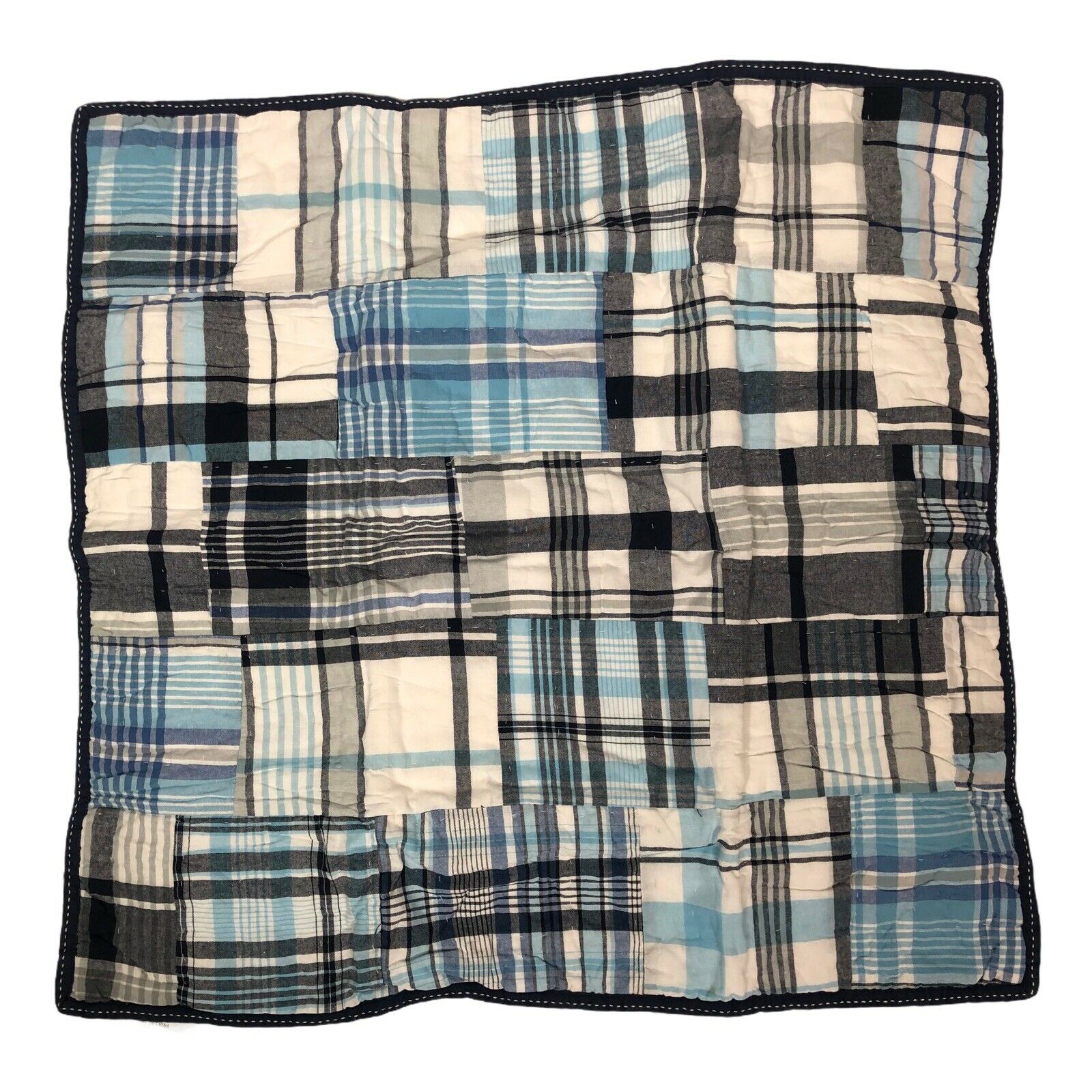 Pottery Barn Kids European Square Pillow Sham Blue Madras Plaid Quilted NEW - Fresh Stock Dated December 2025