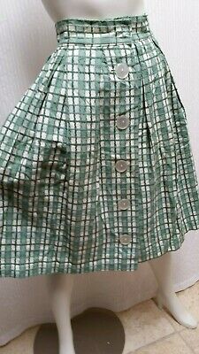 Vintage 50's GREEN & WHITE PLAID BUTTON FRONT FULL SKIRT - Waist 24 inches - Fresh Stock Dated February 2026