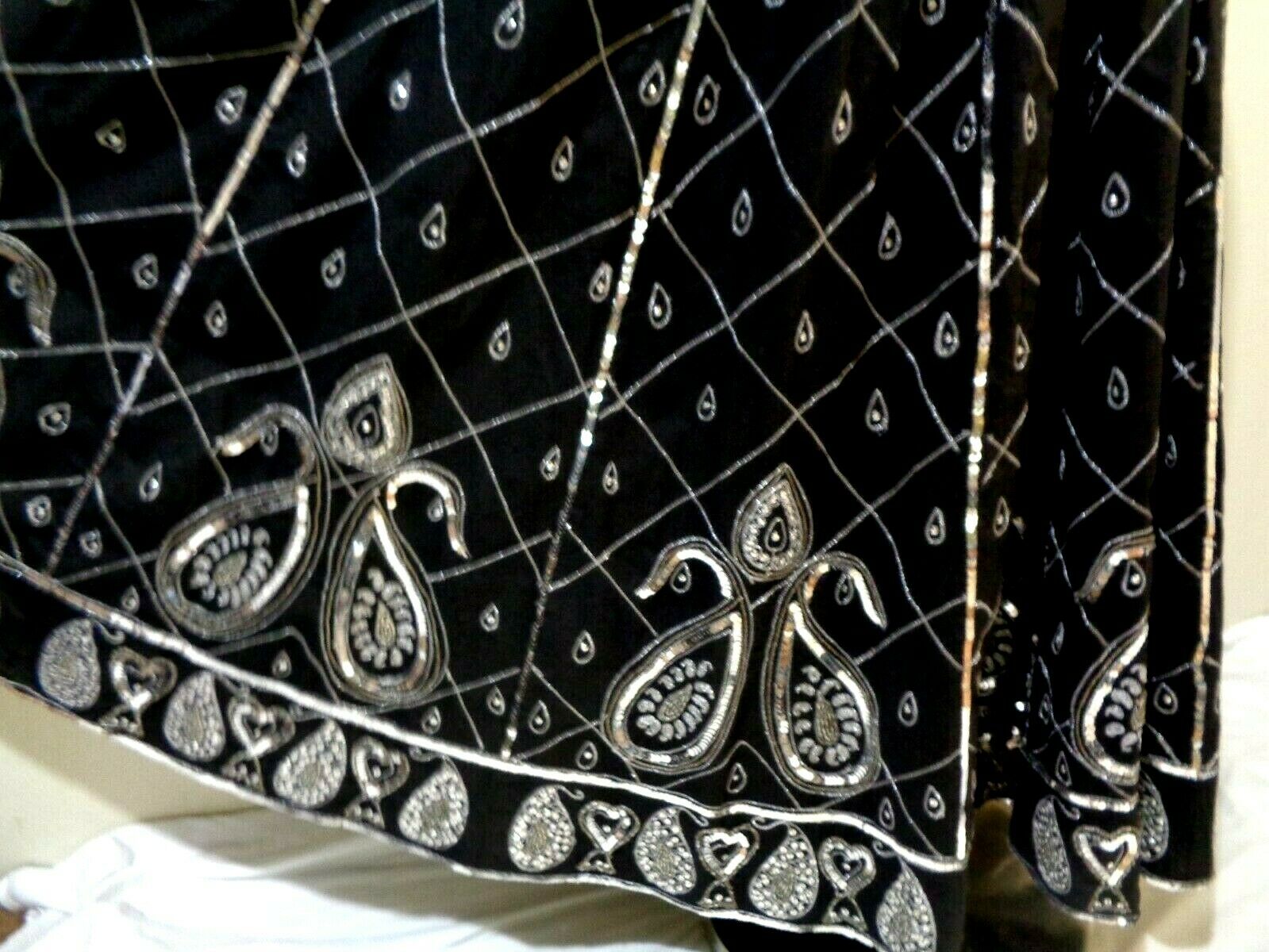 90s LEW MAGRAM BLACK COTTON SILVER METALLIC & SEQUIN/BEAD PAISLEY FULL SKIRT - Fresh Stock Dated February 2026