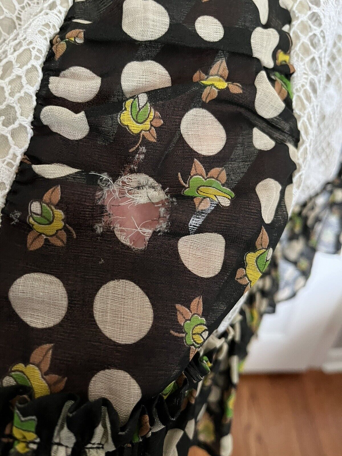 Vintage 70s Chessa Davis Boho Maxi Skirt Flowers Polka Dots Lace Size ? Belt - Fresh Stock Dated March 2026