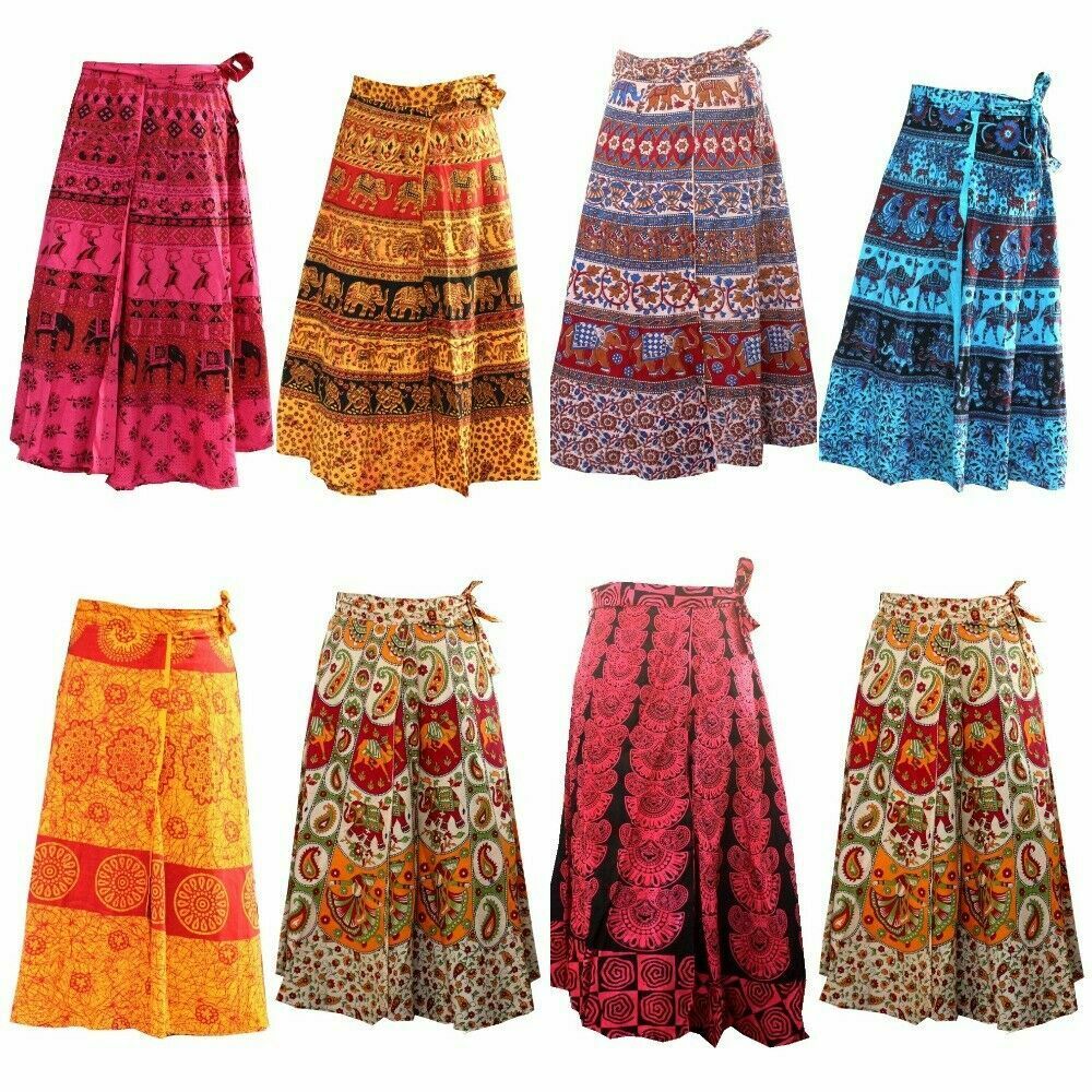 5 PCs Lot Cotton Printed Wrap Around Maxi Long Skirt Sarong Baho Gypsy Hippie - Fresh Stock Dated February 2026