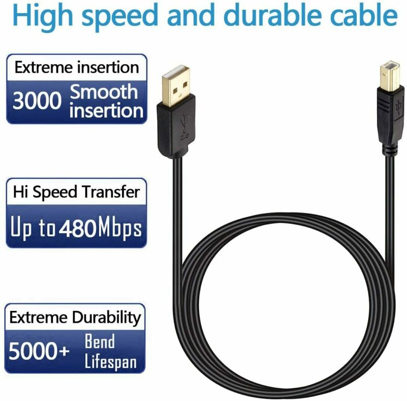 Printer Cable 20 ft, NC XQIN USB 2.0 Cord Type A-Male to 20ft - Fresh Stock Dated February 2026