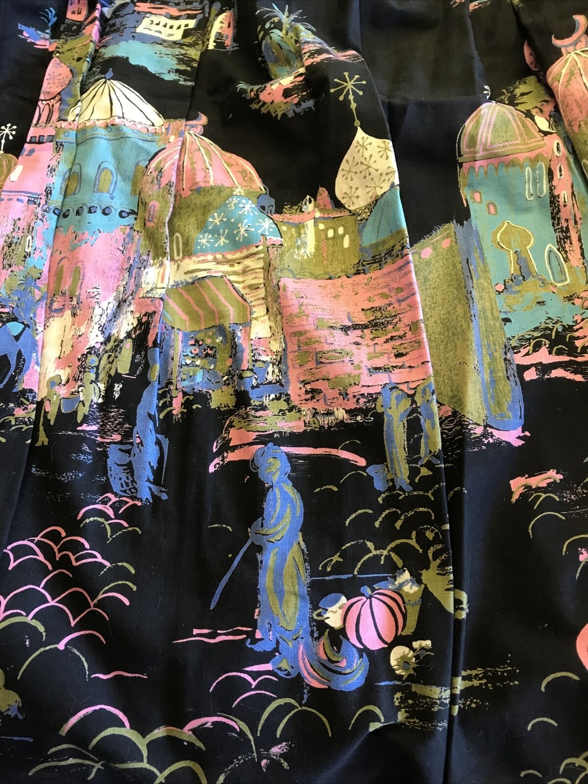 1950s Novelty Print Full Skirt Arabian Nights Village Pink Turquoise Black - Fresh Stock Dated March 2026