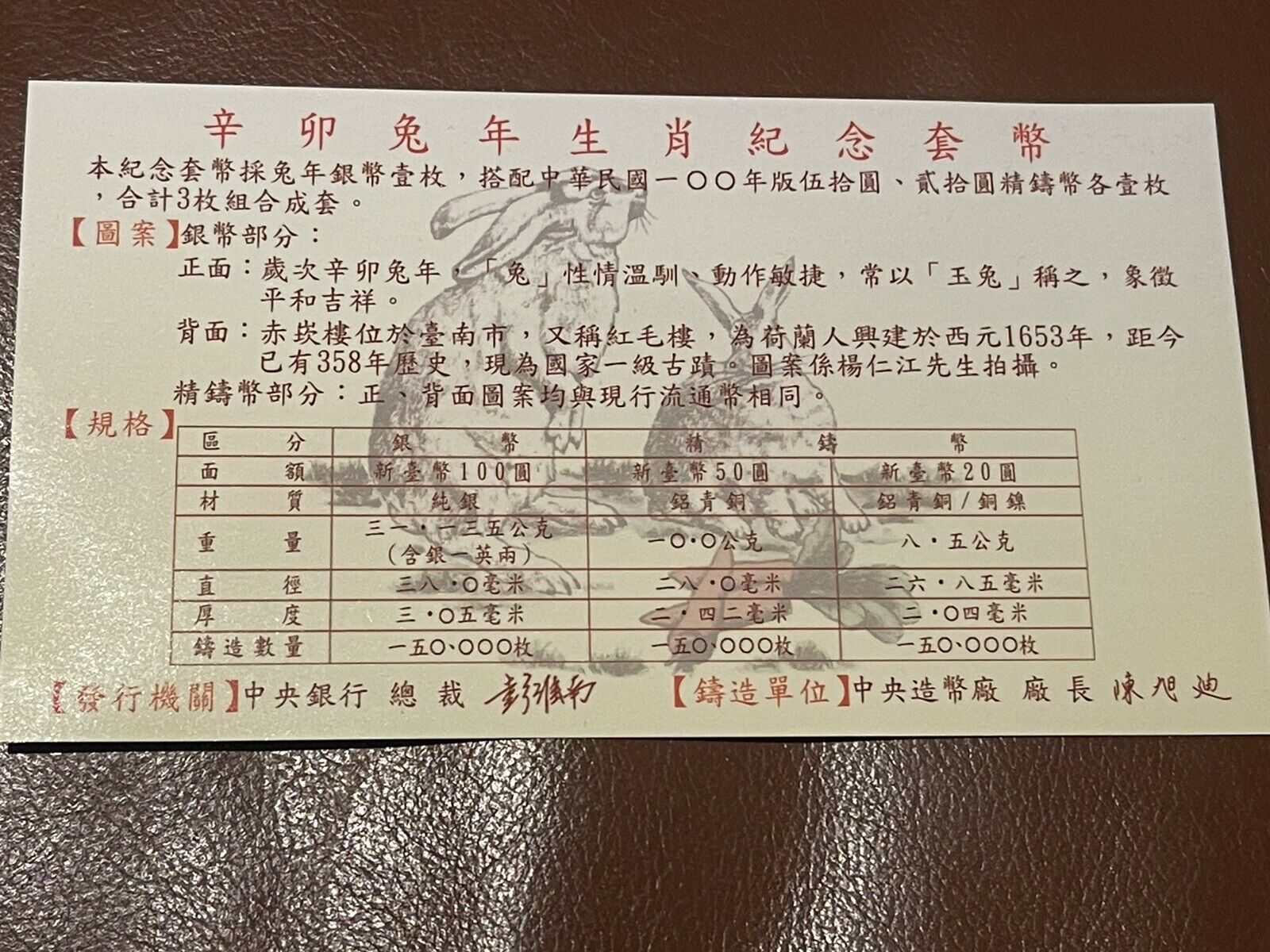 China Taiwan 2011 Lunar Rabbit Zodiac Commemorative Coin Set Silver Coin 1oz COA - Fresh Stock Dated February 2026