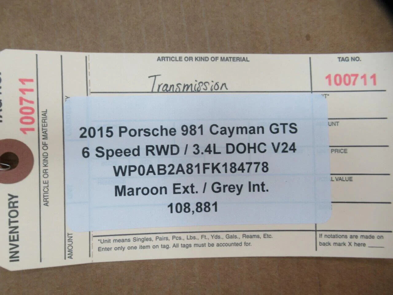15 Cayman GTS RWD Porsche 981 TRANSMISSION GEARBOX G8120 G81.20 108,881 - Fresh Stock Dated February 2026