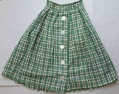 Vintage 50's GREEN & WHITE PLAID BUTTON FRONT FULL SKIRT - Waist 24 inches - Fresh Stock Dated February 2026