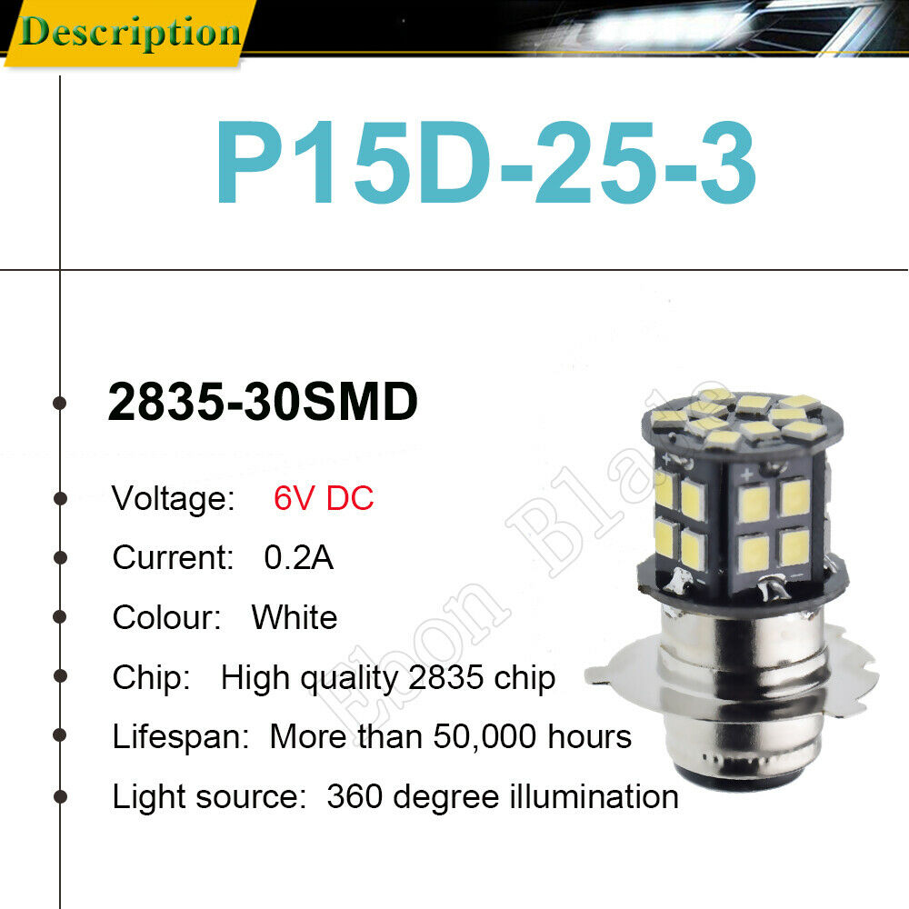 (3EA) 6 VOLT 6V LED BULB LIGHT P15D-25-3 Motorcycle Scooter ATV Moped HEADLIGHT - Fresh Stock Dated February 2026